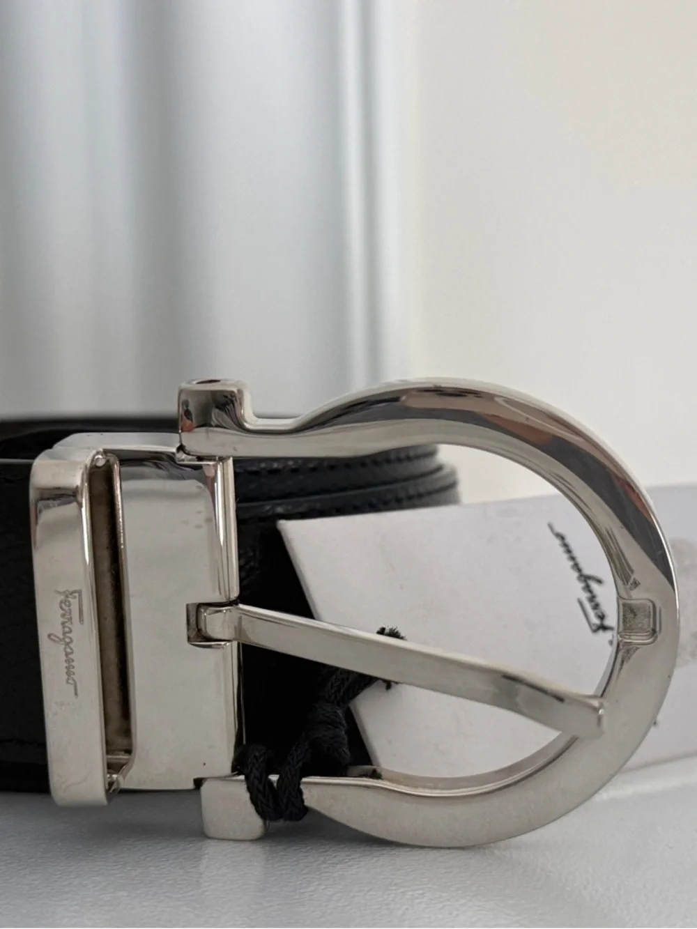 Salvatore Ferragamo Black Leather Belt with Silver Gancini Buckle